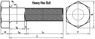 Drawing of ASME B18.2.1 heavy hex bolt