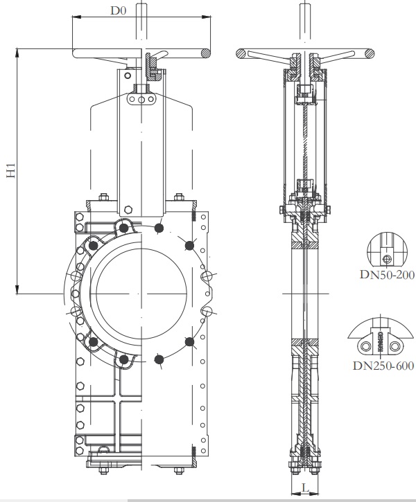 GA drawing of MT-series through conduit knife gate valve