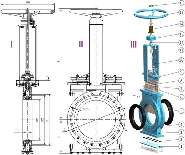G.A. drawing of MB series rubber seated knife gate valve